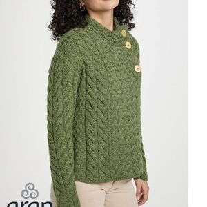 Carraigdonn Aran Wool Green Cable Knit Sweater  Made In Ireland